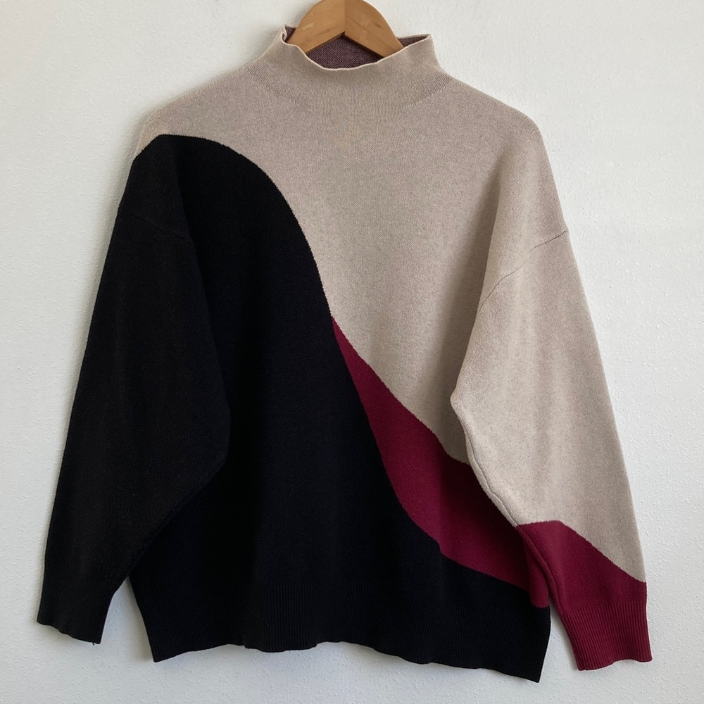 Eloquii Beige Black Wine Colorblock Cowl Sweater
